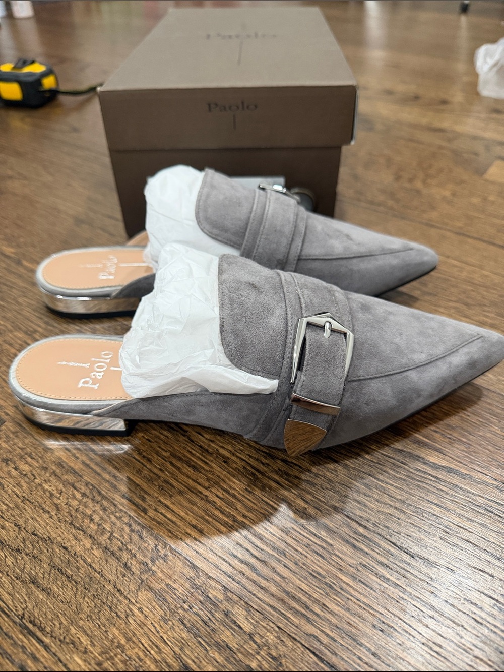 Paolo Grey Suede Pointed Mule with Silver Buckle